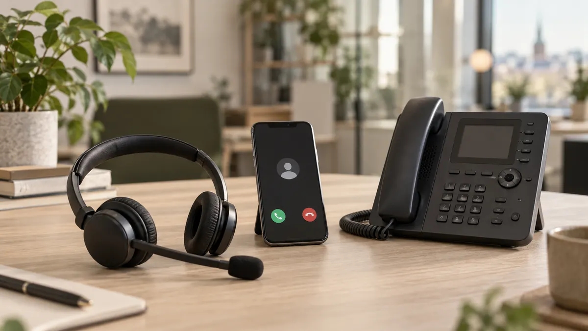 Illustration: headset, mobiltelefon och bordstelefon på ett skrivbord